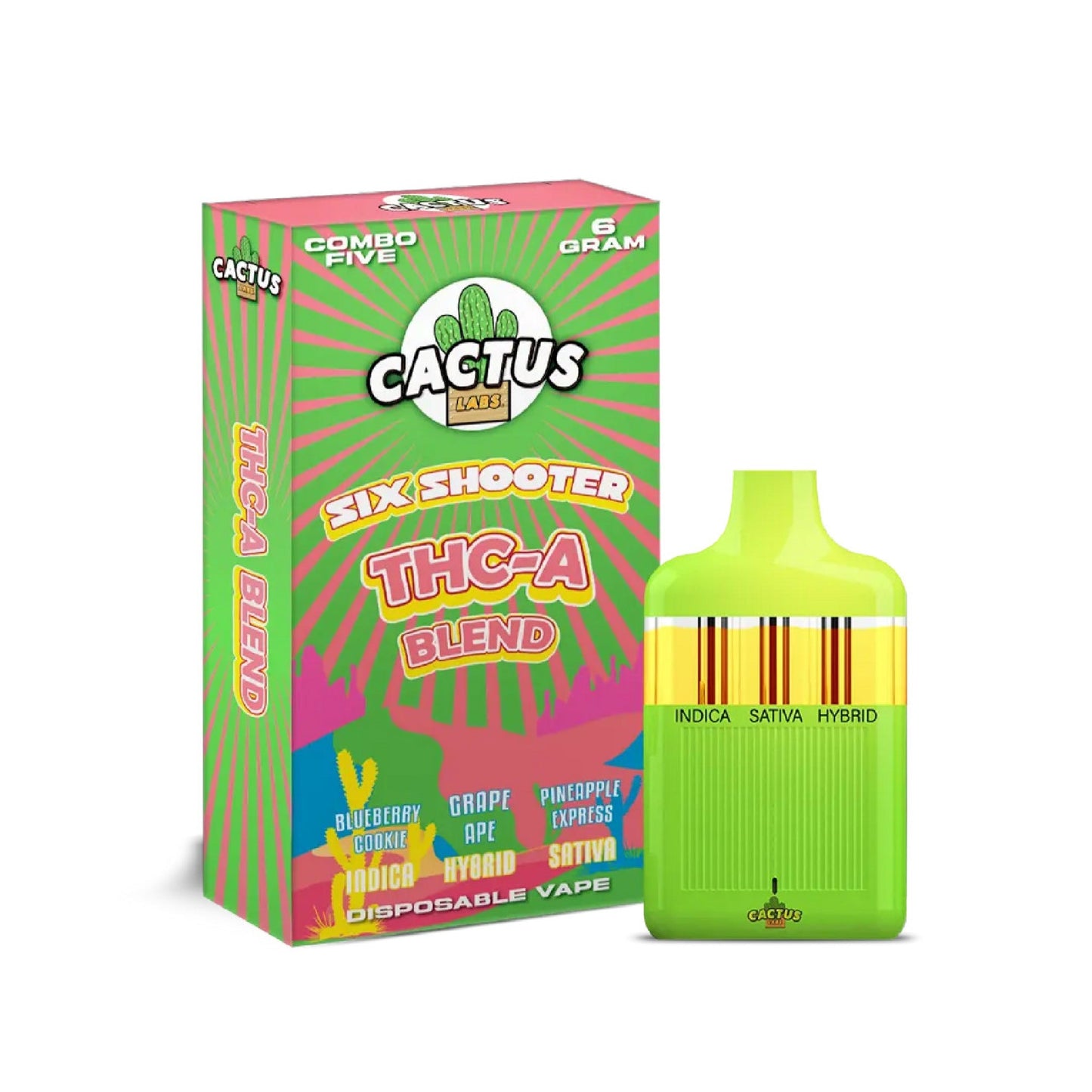 Cactus Labs Six Shooter Liquid Diamonds THC-A Blend Vaporizer - 6000mg Blueberry Cookie/Grape Ape/Pineapple Express