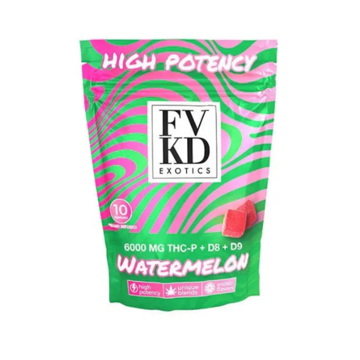 FVKD Exotics High Potency THC-P + D8 + D9 Gummies - 6000mg (10ct) Watermelon