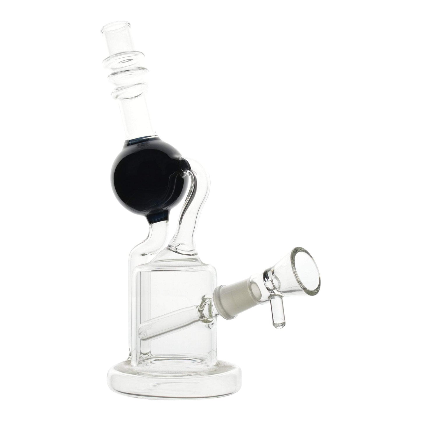 Full body shot of 9-inch glass black hole inspired bong black accents mouthpiece tilted left bowl opening visible