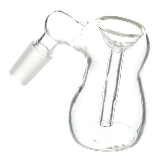 Full shot of 3-inch clear glass bubble ash catcher smoking device part 14mm male connector facing left