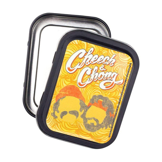 Quirky fun rectangular stashbox small tin container with funny comedy duo Cheech and Chong design on lid vintage look
