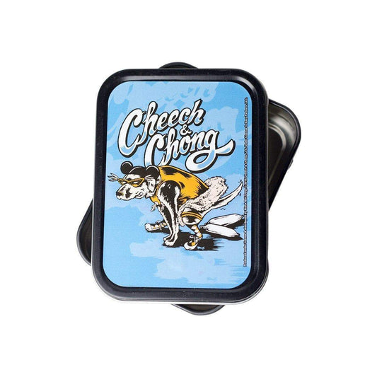 Quirky fun rectangular stashbox small tin container with funny comedy duo Cheech and Chong design on lid vintage look