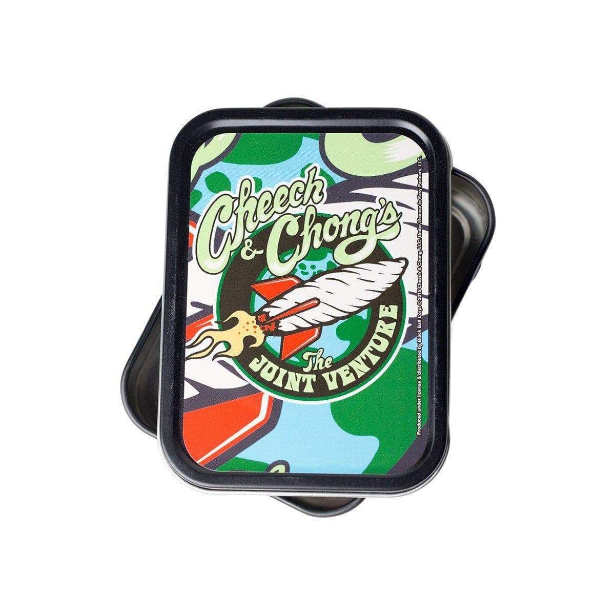 Quirky fun rectangular stashbox small tin container with funny comedy duo Cheech and Chong design on lid vintage look