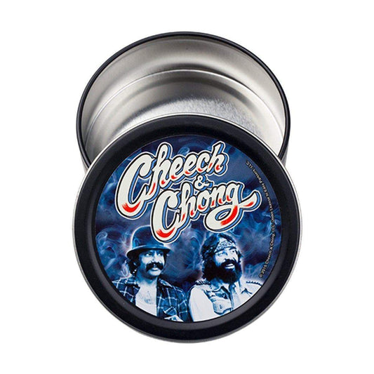 Wonderful pocket-ready round stashbox small tin container with funny comedy duo Cheech and Chong design on lid vintage look