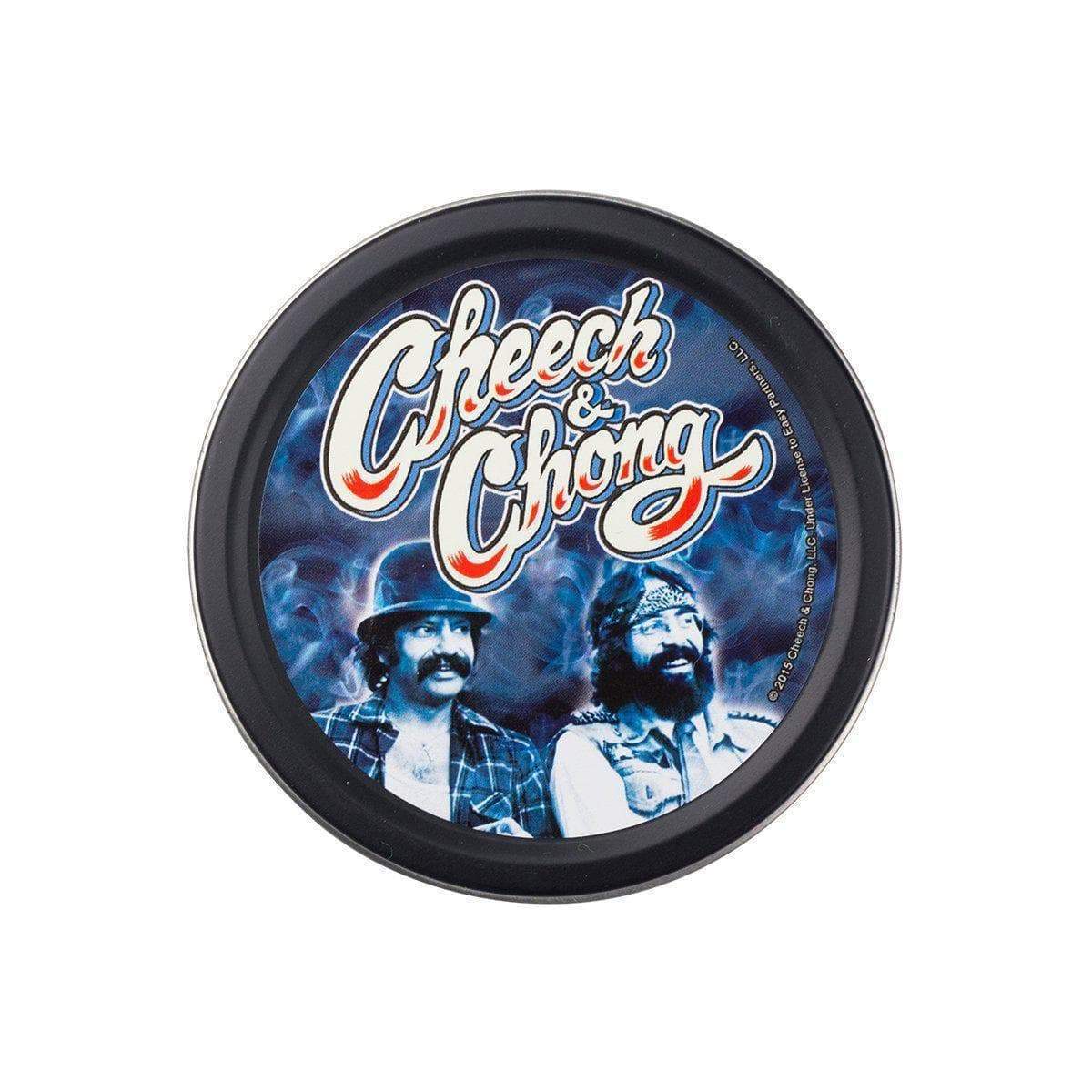 Wonderful pocket-ready round stashbox small tin container with funny comedy duo Cheech and Chong design on lid vintage look