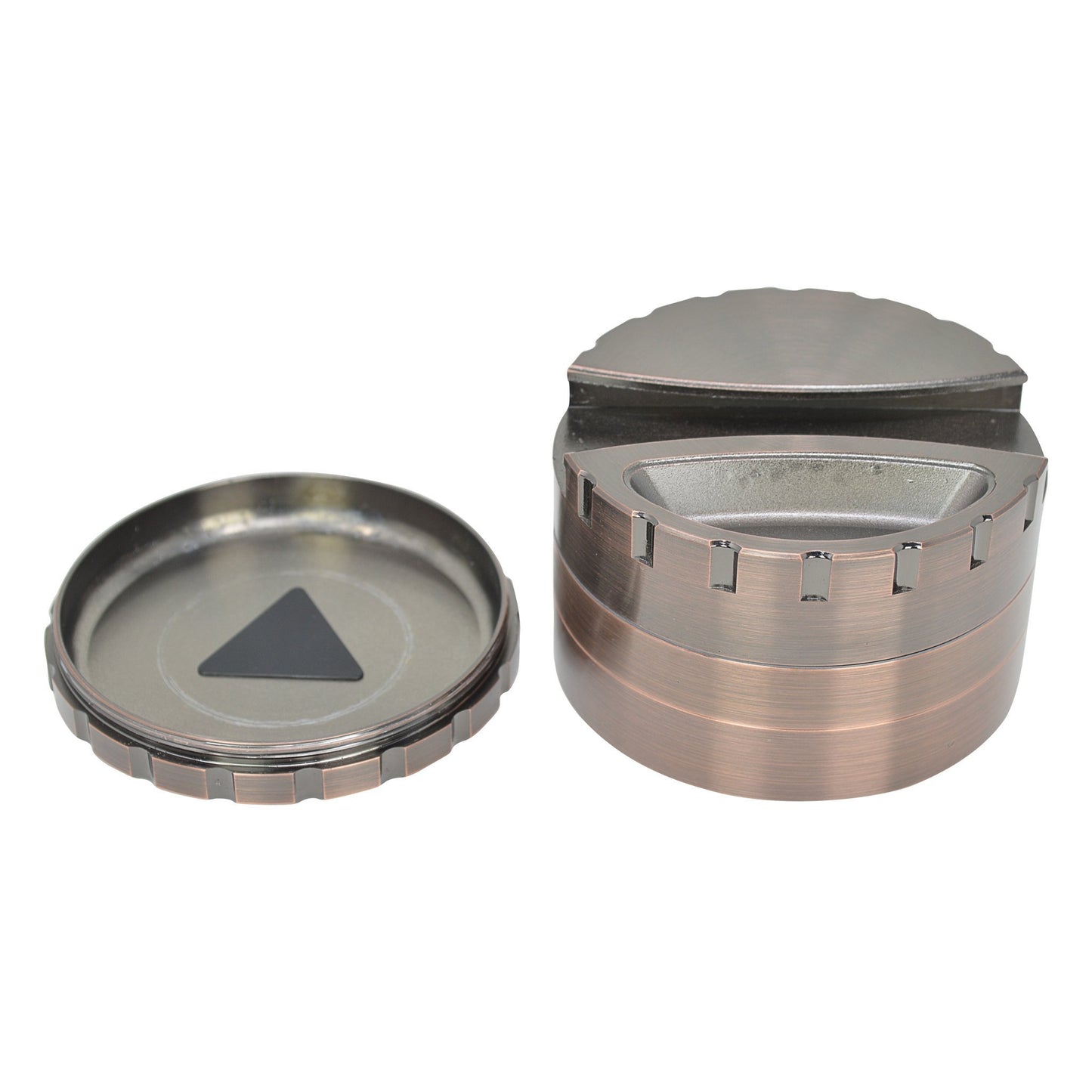 80mm round 4-part metal grinder smoking accessory with papers place on top and a kief catcher futurstic mechanical design