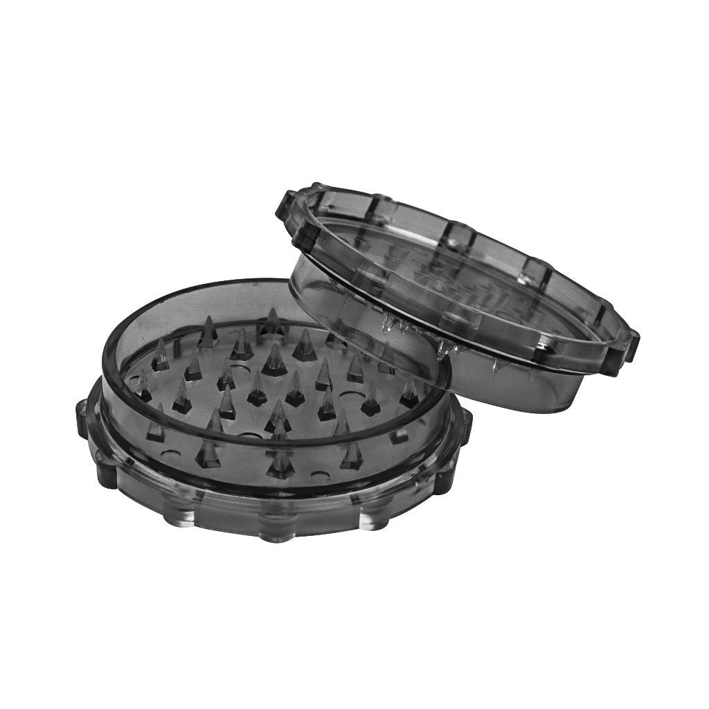 Grey 70mm 2-piece herb mini grinder with interlocking pegs made with lightweight plastic in a cool and crisp style