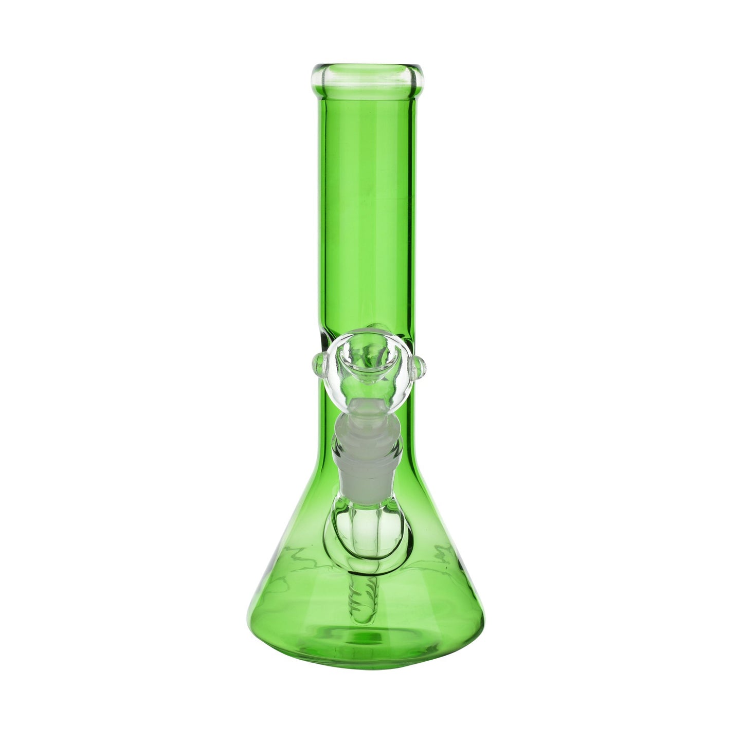 Green Handy 9-inch hazy glass beaker bong smoking device in percolated downstem wide beaker shape with ice-catcher