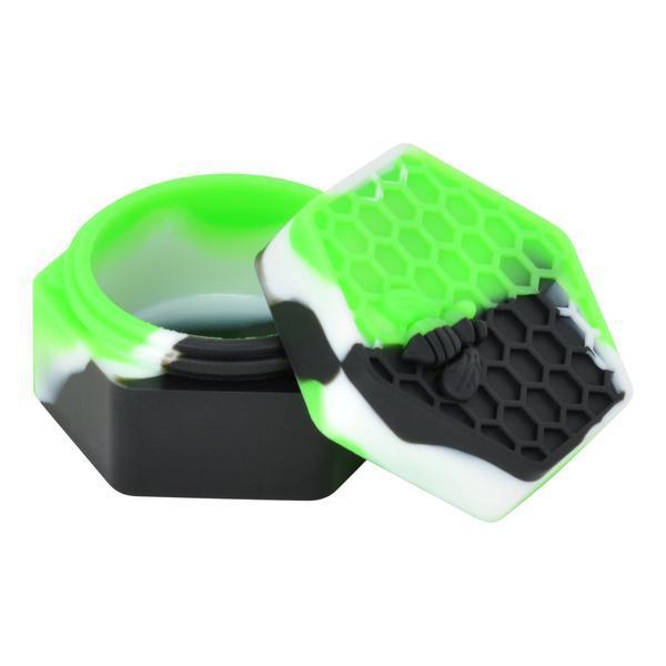 Compact petite small colorful non-stick silicone wax container storage accessory with bee on honeycomb design hexagon shape