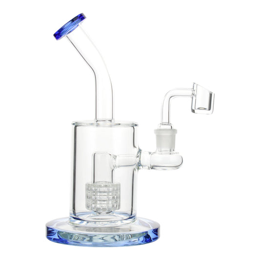 Blue 7-inch clear glass dab rig smoking device on a sturdy base with a bent neck and microscope design