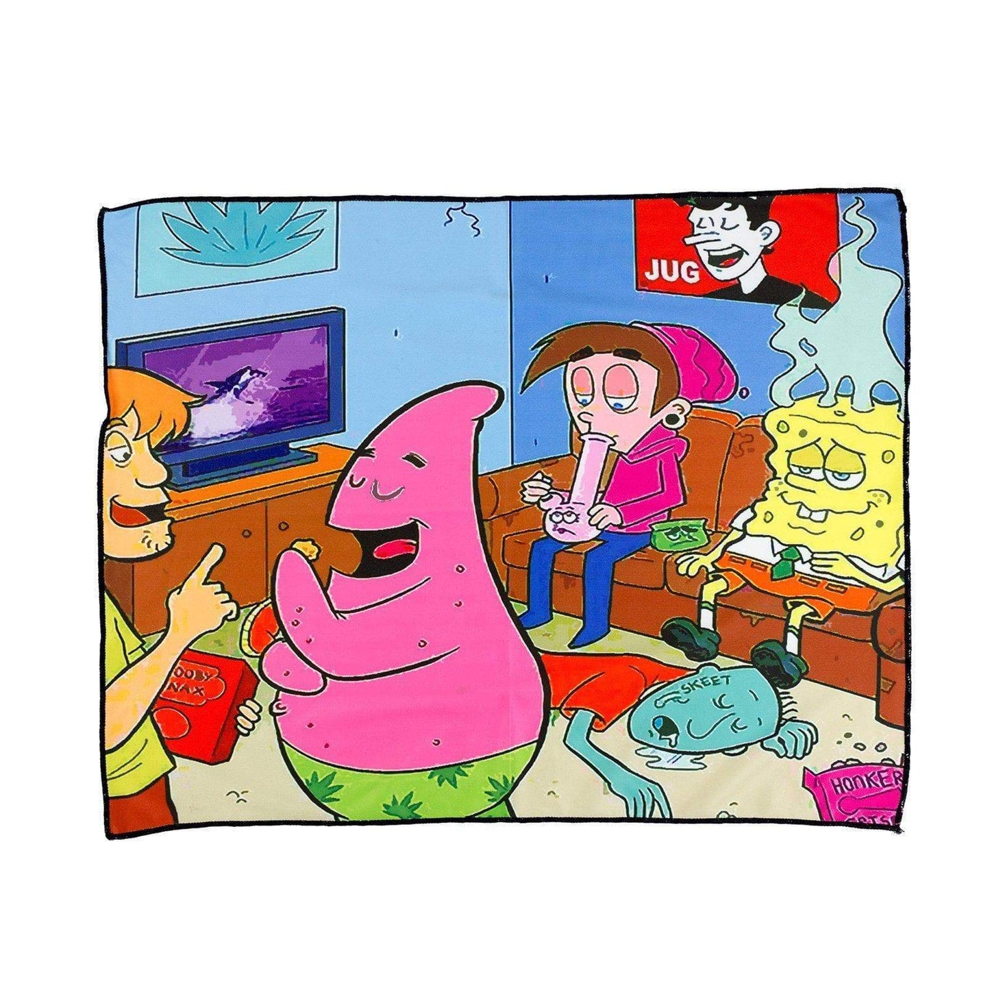 Dab rag cleaning cloth smoking accessory with funny 90s Jughead and Spongebob characters smoking weed design