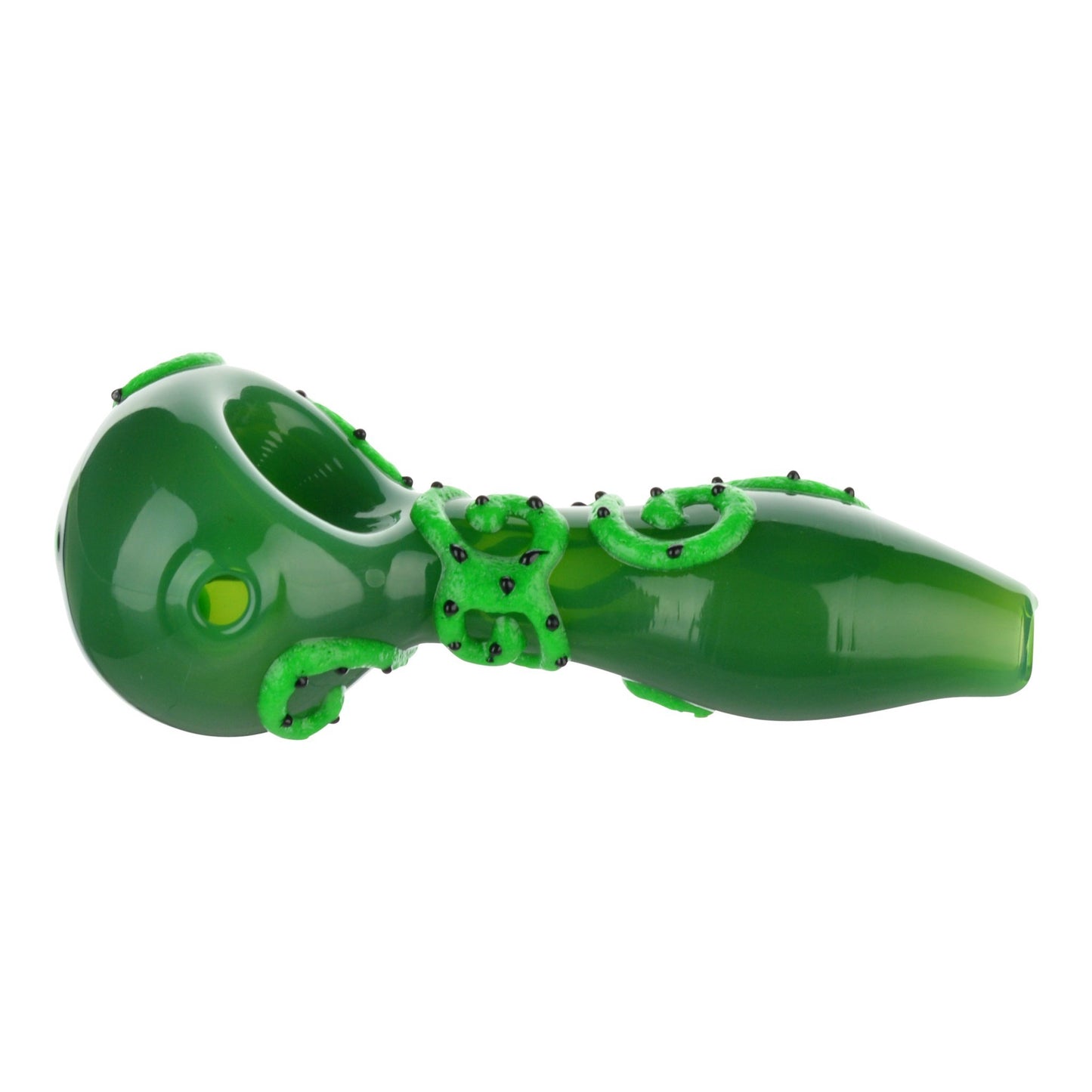 Full side shot of 4 inch glass green pipe with bowl on the left and dotted green octopus tentacles design