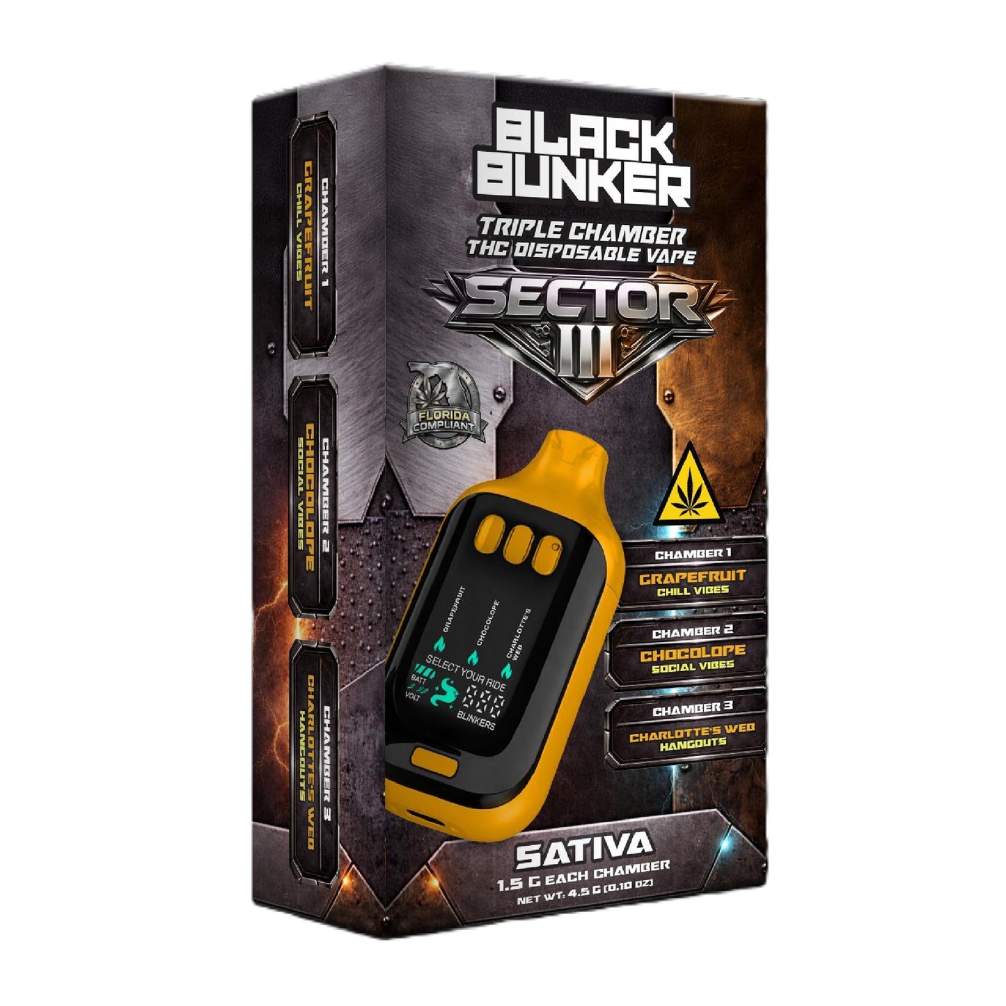 Black Bunker Sector III Triple Chamber Device - 4500mg Sativa (Grapefruit/Chocolope/Charlotte's Web)