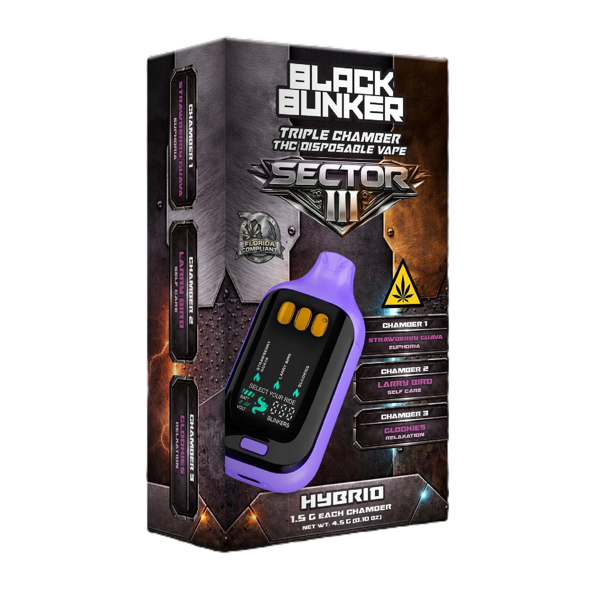 Black Bunker Sector III Triple Chamber Device - 4500mg Hybrid (Strawberry Guava/Larry Bird/Glookies)