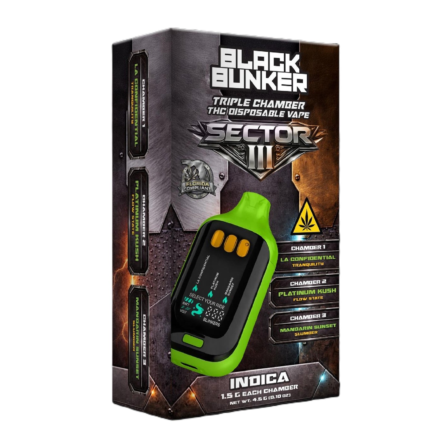 Black Bunker Sector III Triple Chamber Device - 4500mg Indica (LA Confidential/Platinum Kush/Mandarin Sunset)