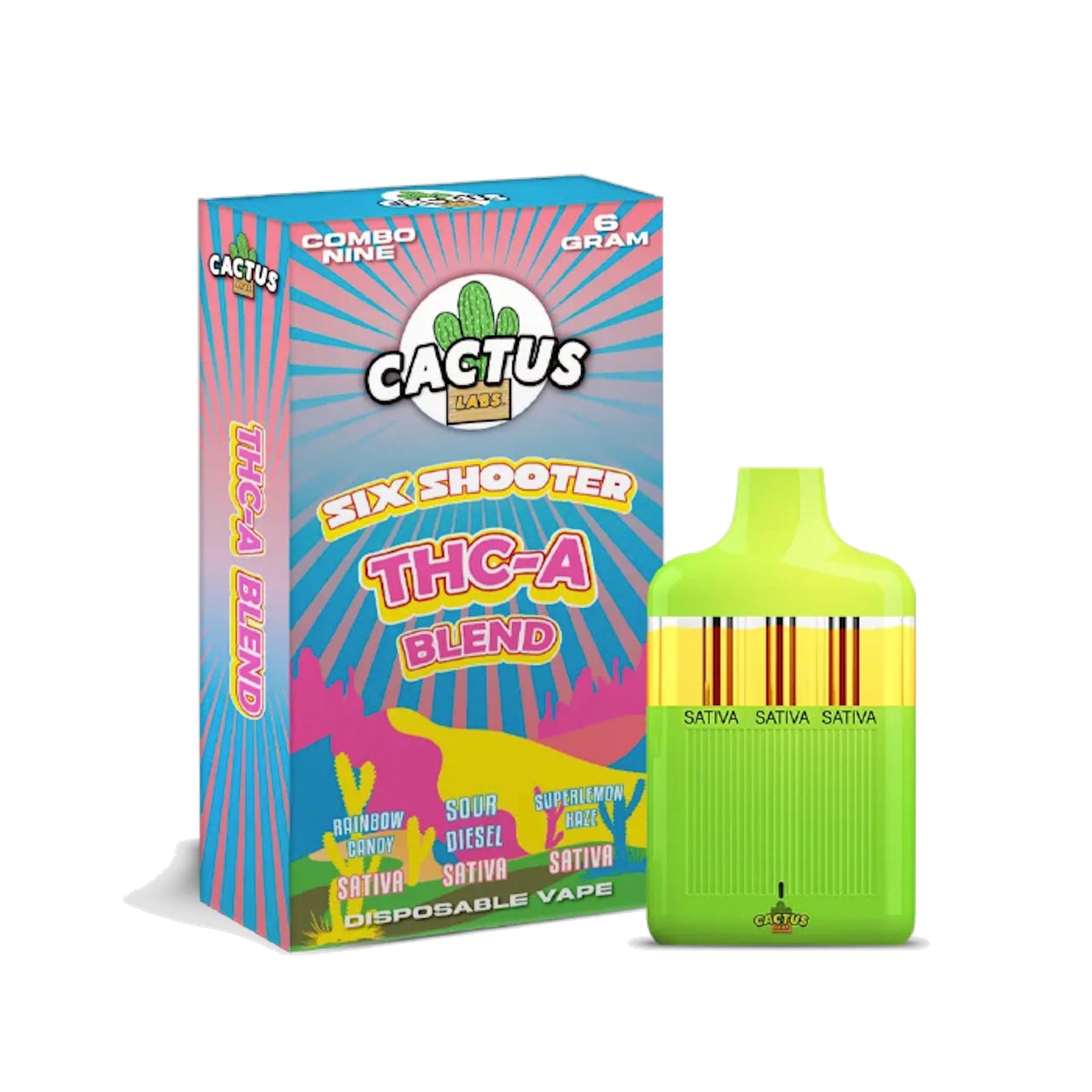 Cactus Labs Six Shooter Liquid Diamonds THC-A Blend Vaporizer - 6000mg Rainbow Candy/Sour Diesel/Superlemon Haze