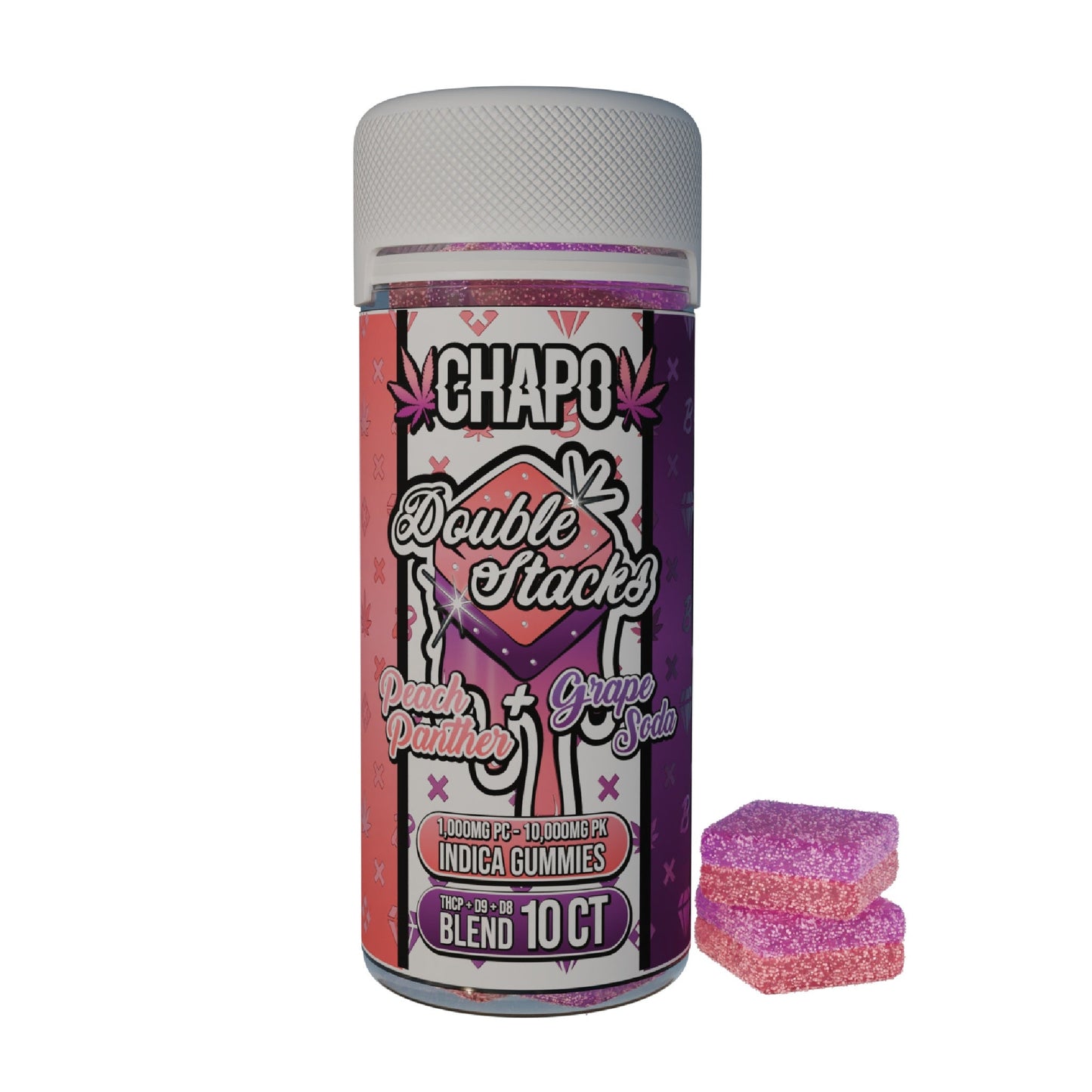 Chapo Double Stacks THC-P Gummy Jar - 10,000mg Peach Panther (I) + Grape Soda (I)
