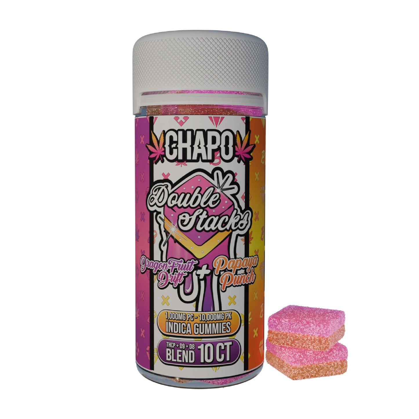 Chapo Double Stacks THC-P Gummy Jar - 10,000mg Dragon Fruit Drift (I) + Papaya Punch (I)