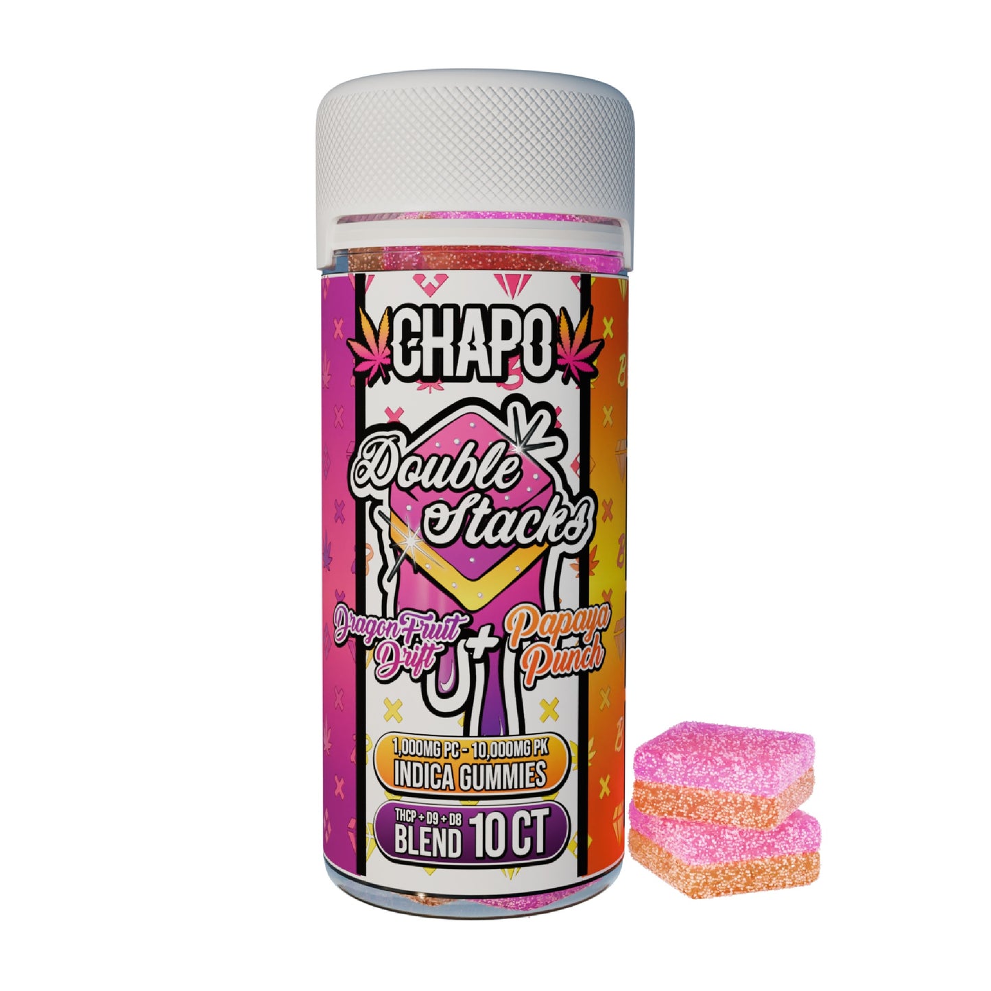 Chapo Double Stacks THC-P Gummy Jar - 10,000mg Dragon Fruit Drift (I) + Papaya Punch (I)