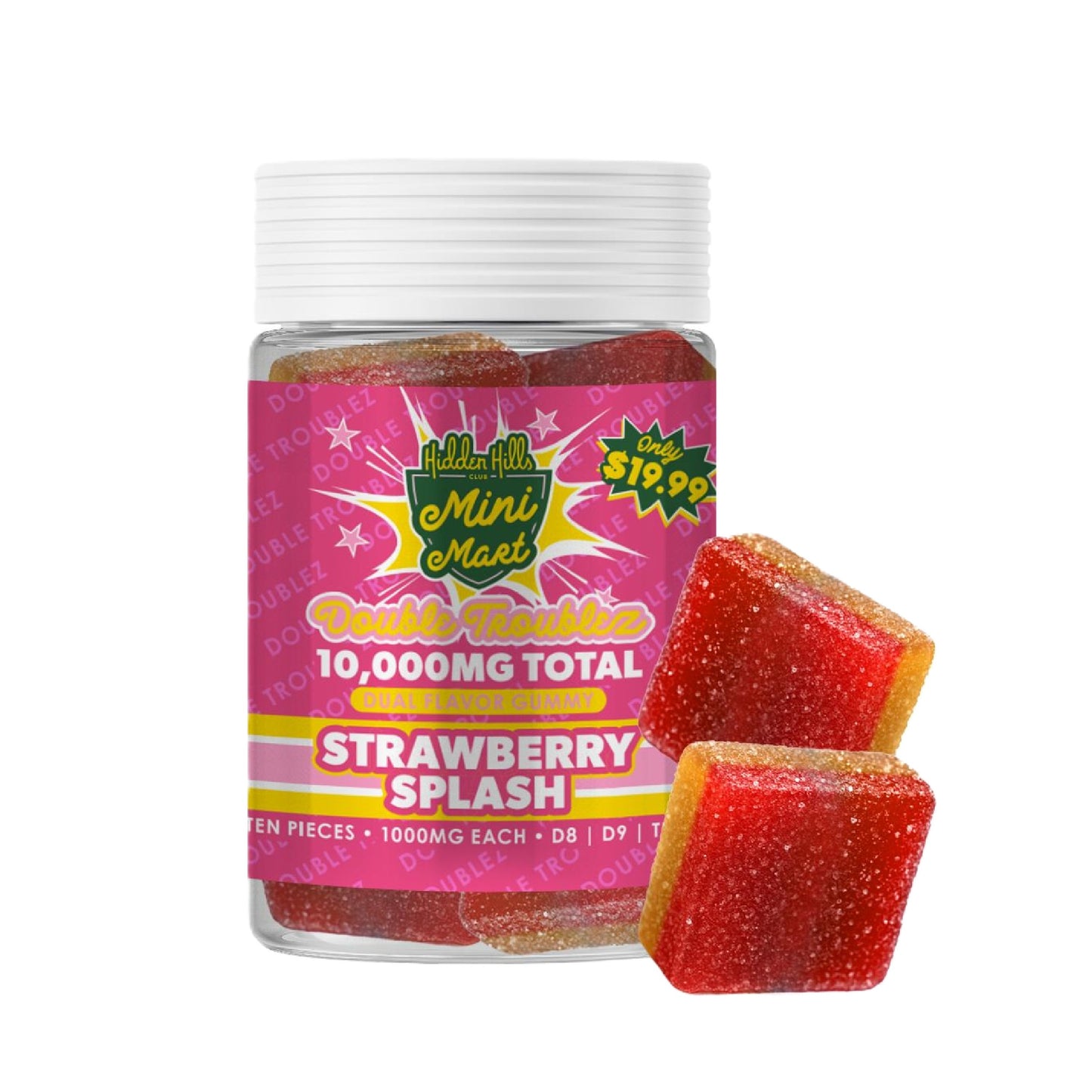 Hidden Hills Double Troublez Stacked Nano D9 + THC-P Gummies - 10,000mg Strawberry Splash (H)