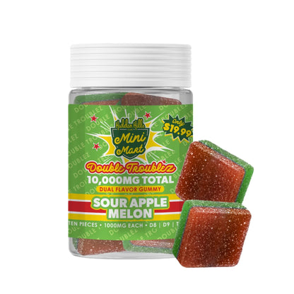 Hidden Hills Double Troublez Stacked Nano D9 + THC-P Gummies - 10,000mg Sour Apple Melon (H)