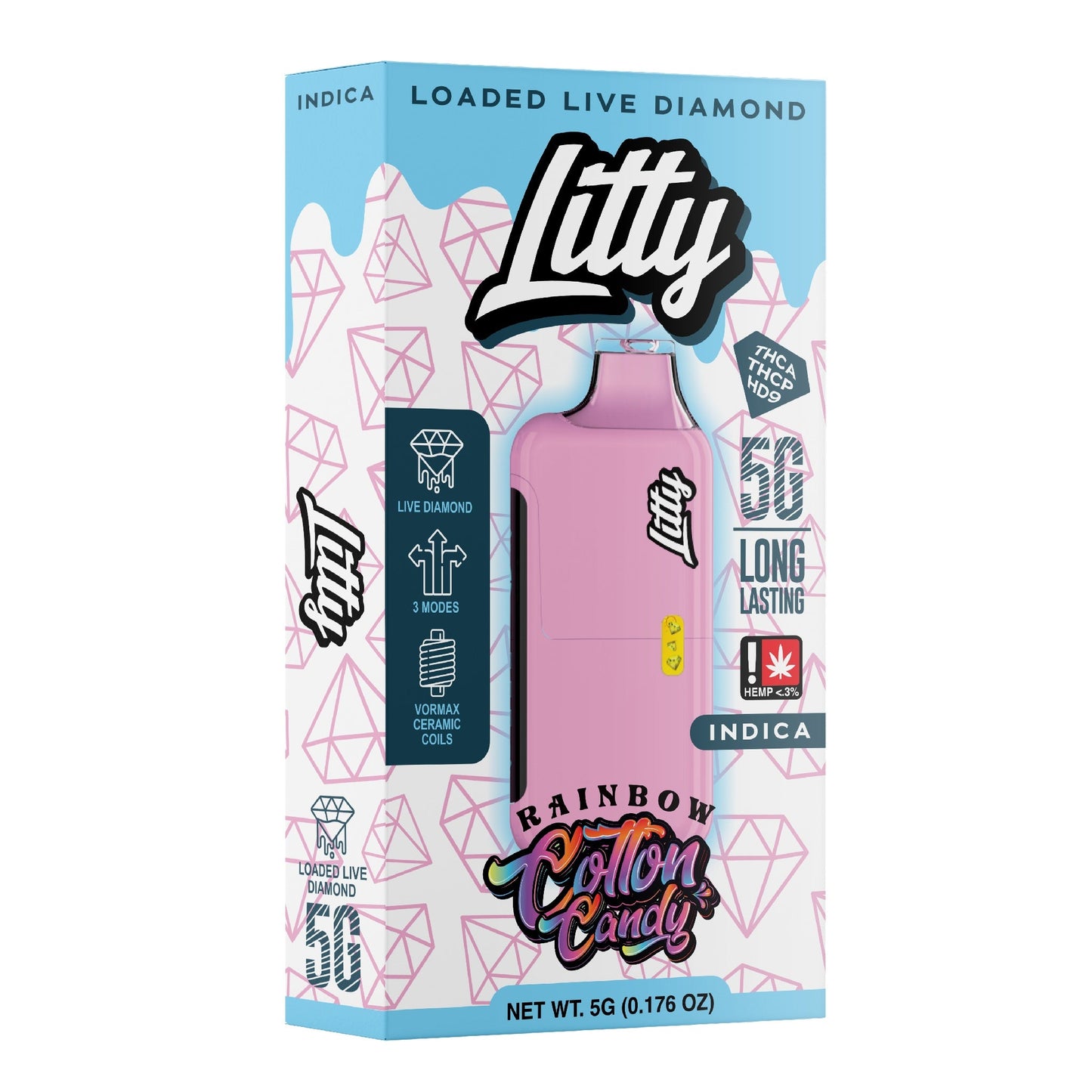 Litty THC-A Liquid Diamond Vaporizer - 5000mg Rainbow Cotton Candy (I)