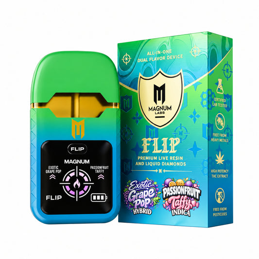 Magnum Labs Hippy Flip 3 in 1 - 4g Dual Device + 2g Hashhole + Shroom Gummy Exotic Grape Pop (H) / Passionfruit Taffy (I)