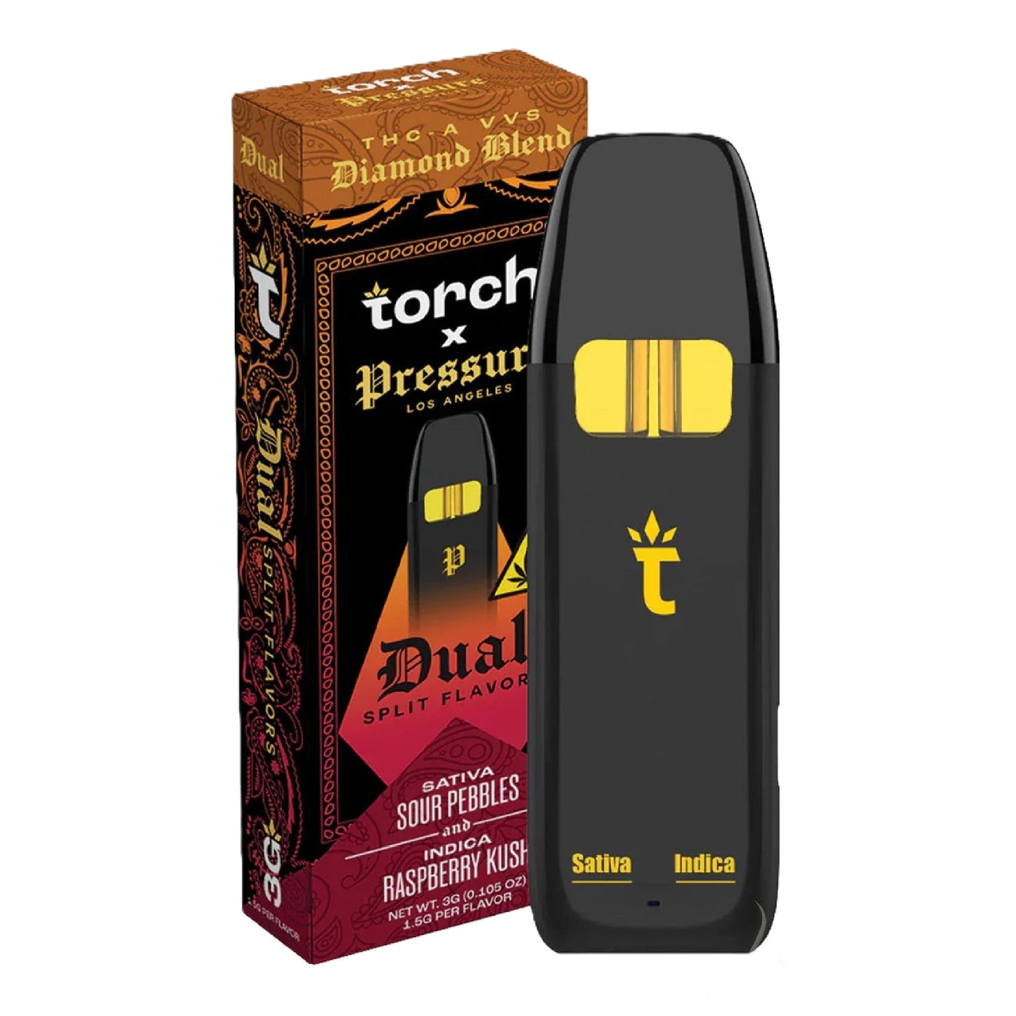 Pressure x Torch Dual Split Flavors THC-A VVS Vaporizer - 3000mg Sour Pebbles (S) x Raspberry Kush (I)