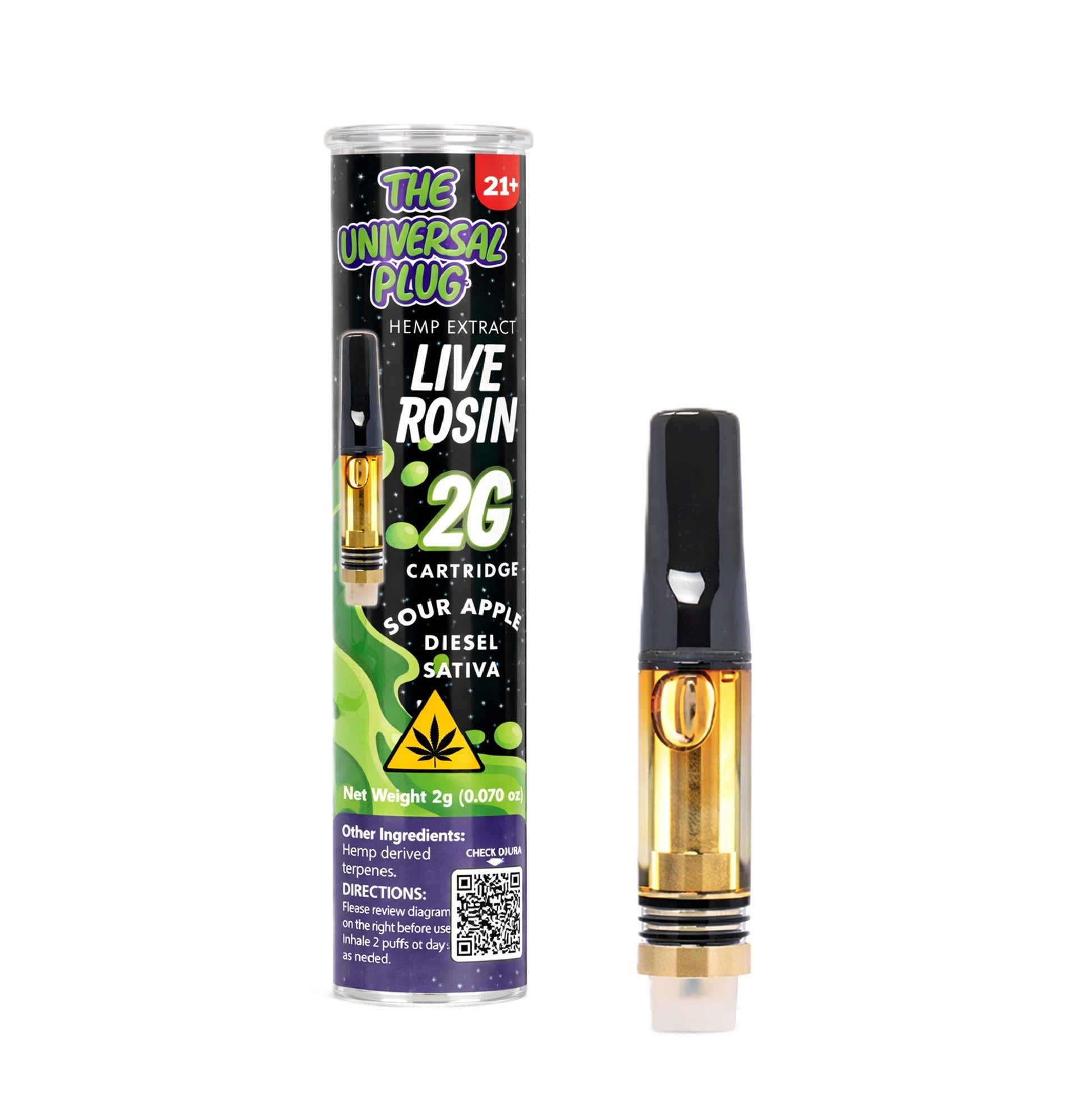 Universal Plug THC Live Rosin Cartridge - 2000mg Sour Apple Diesel