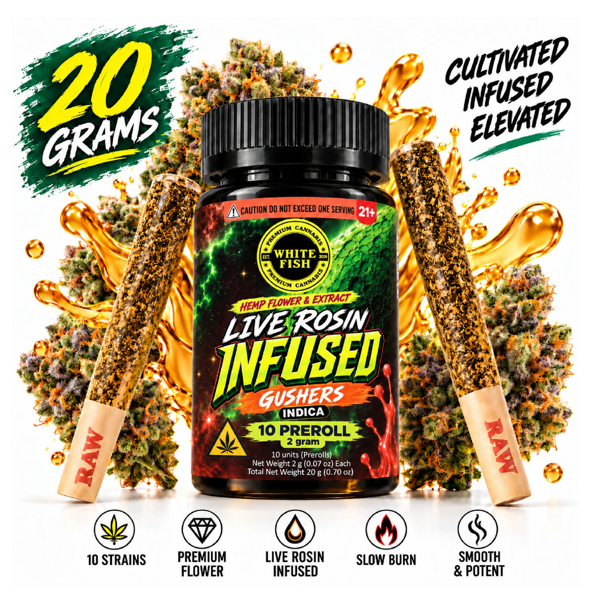 White Fish Live Rosin Infused Hashhole 2g - 10ct (20g) Gushers