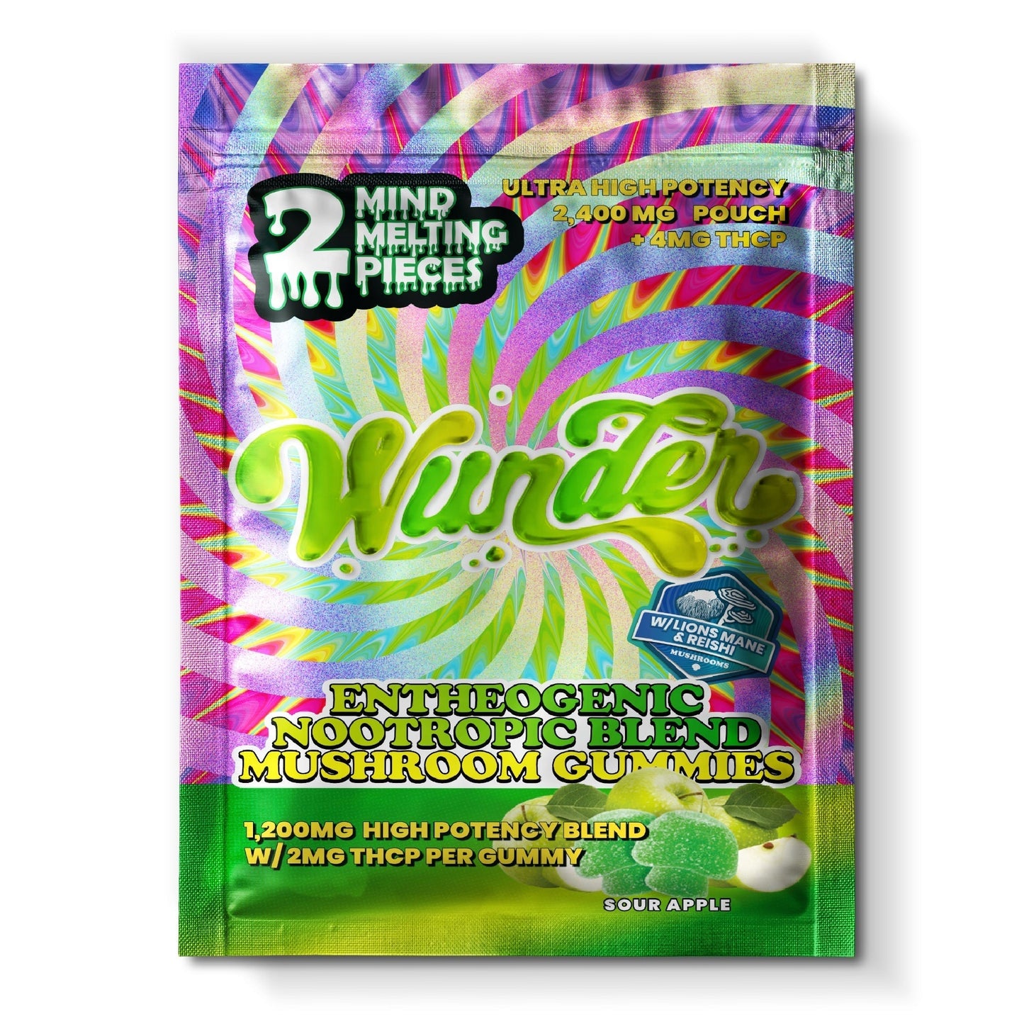 Wunder Ultra High Potency Entheogenic Mushroom Gummies - 2400mg Sour Apple w/ THC-P