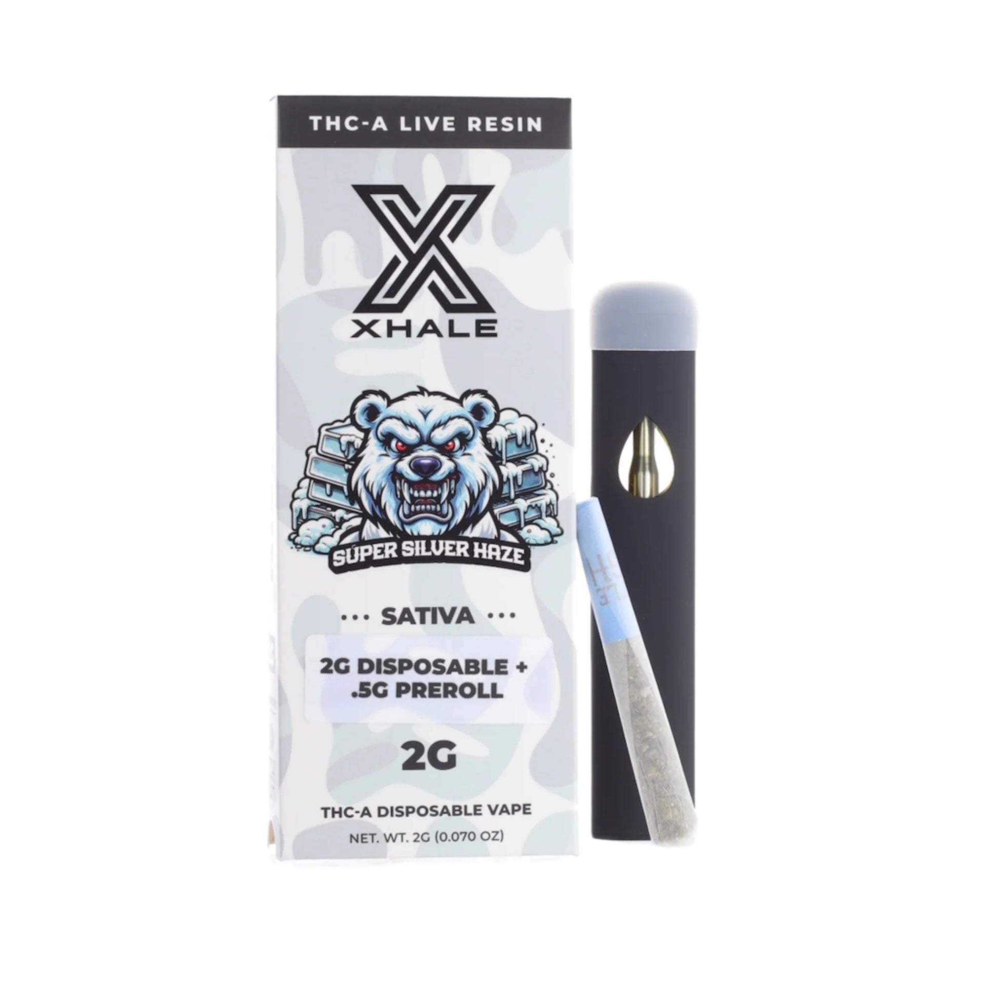 silver disposable vape Xhale Live Resin THC-A Vaporizer - 2000mg + .5g Joint