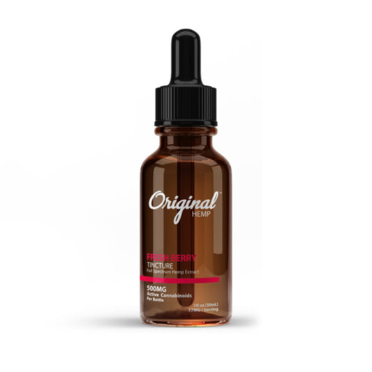 Brown colored clear dropper bottle of 500mg Fresh Berry Original Hemp CBD Tincture white and pink wording pink bar