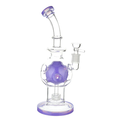 Full body shot of 11-inch clear glass bong smoking device purple accents asteroid round perc mouthpiece tilted left