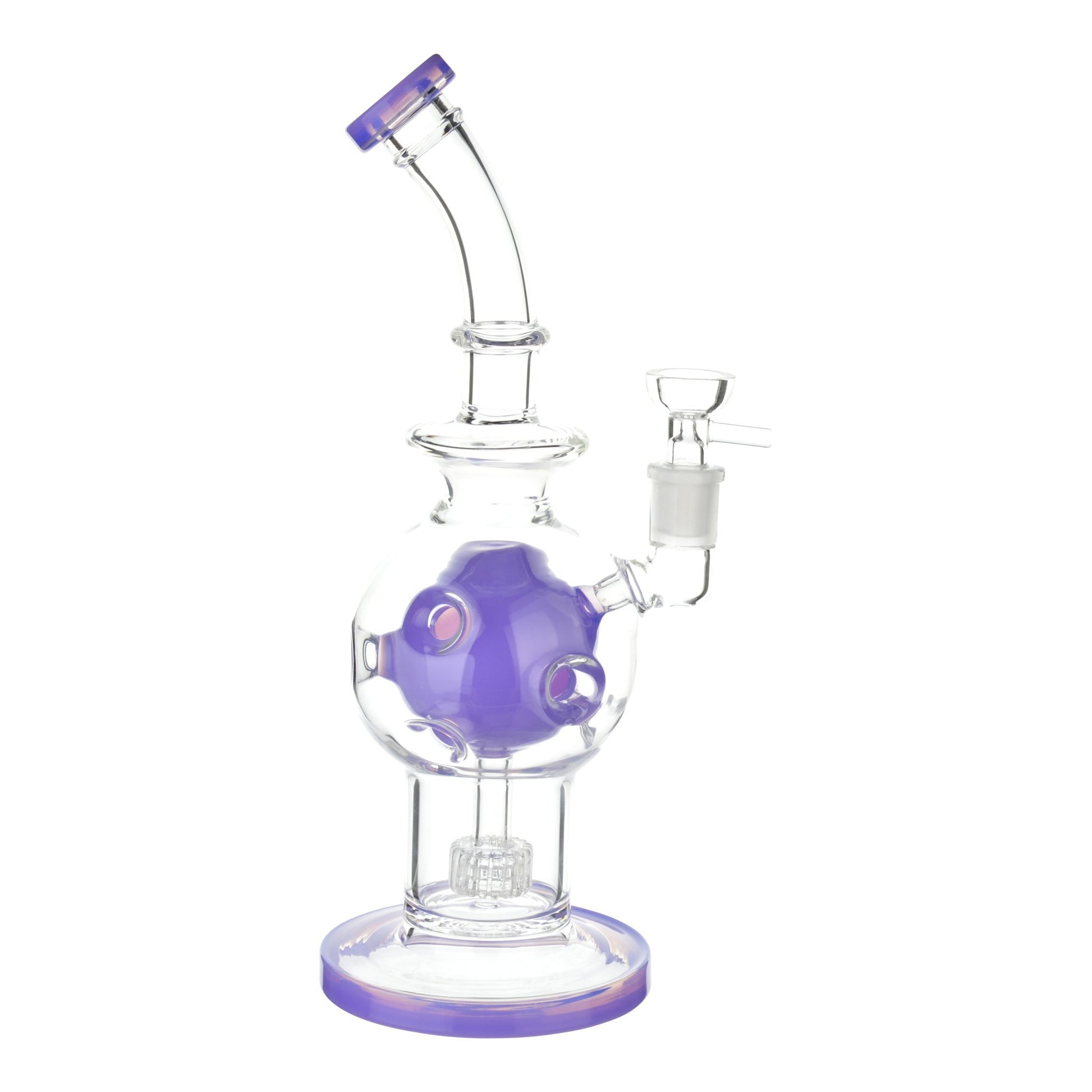 Full body shot of 11-inch clear glass bong smoking device purple accents asteroid round perc mouthpiece tilted left