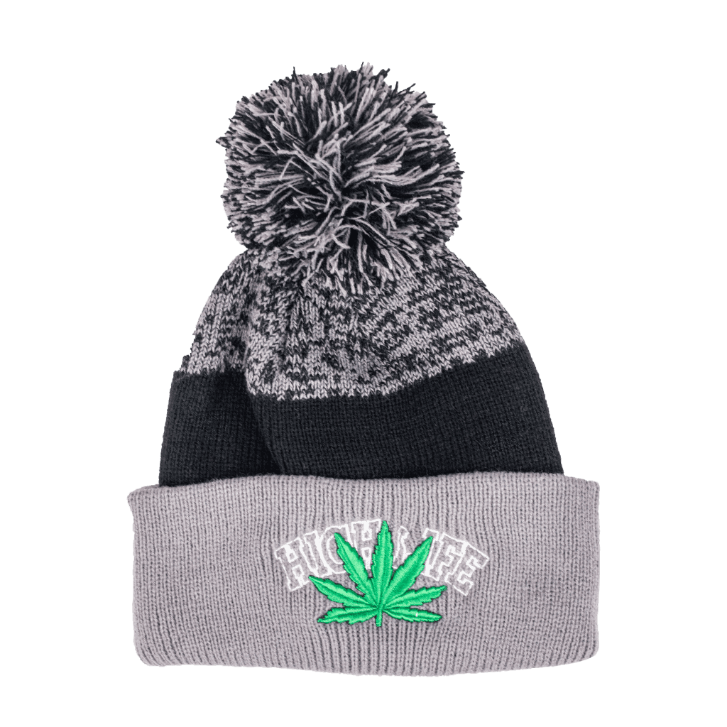 Beanie cap fashion item apparel with weed leaf design in classic colors with pompom