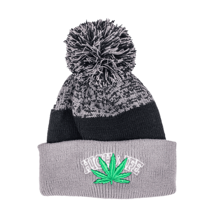 Beanie cap fashion item apparel with weed leaf design in classic colors with pompom