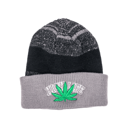 Beanie cap fashion item apparel with weed leaf design in classic colors