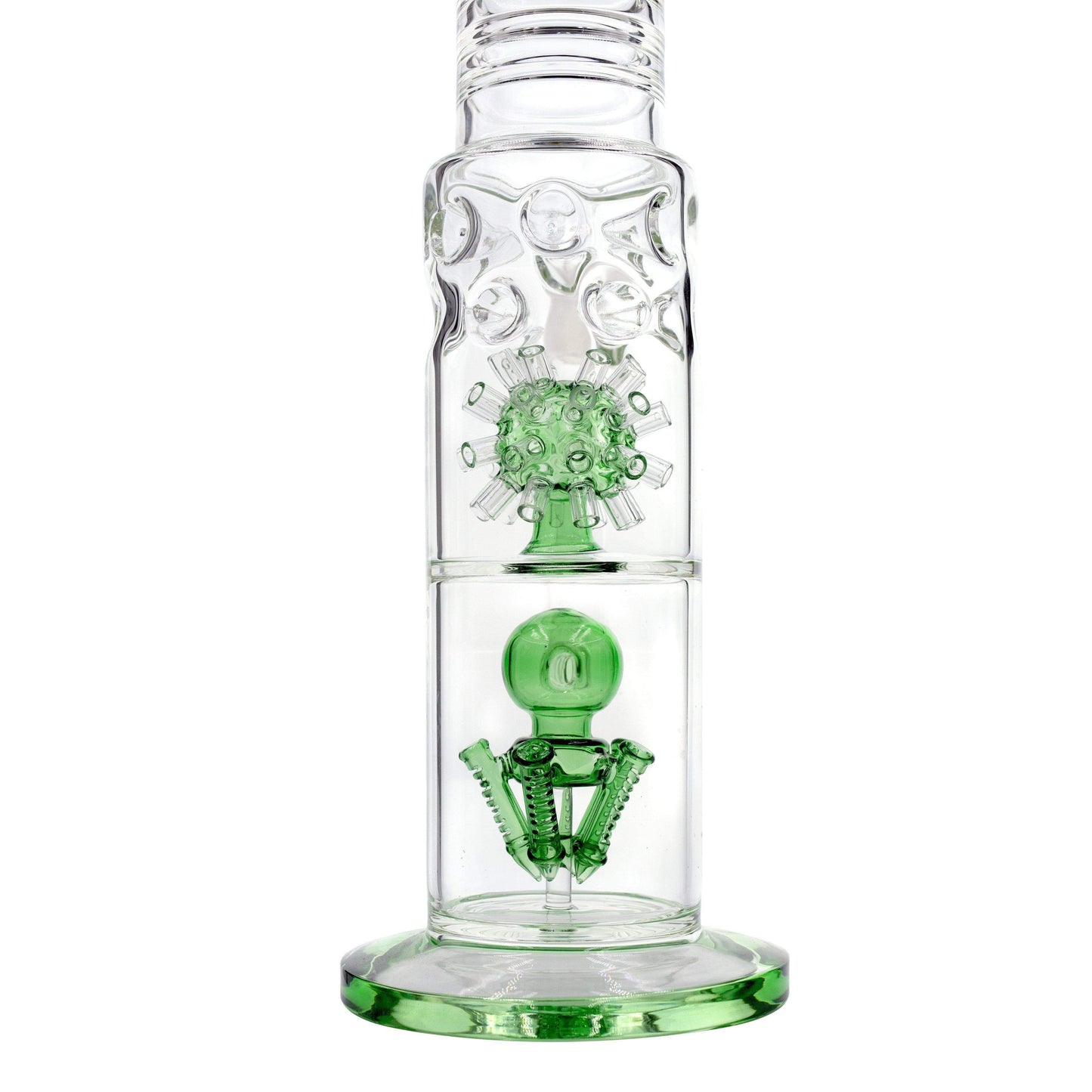 Green Huge 19-inch glass bong close up on with 2 percs unique diffision morning star perc unique design sturdy base