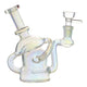 Full body shot of 6-inch glass multichambered bong smoking device mouthpiece facing left in rainbow color