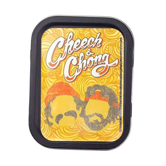 Quirky fun rectangular stashbox small tin container with funny comedy duo Cheech and Chong design on lid vintage look