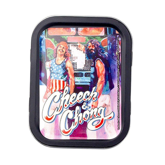 Quirky fun rectangular stashbox small tin container with funny comedy duo Cheech and Chong design on lid vintage look