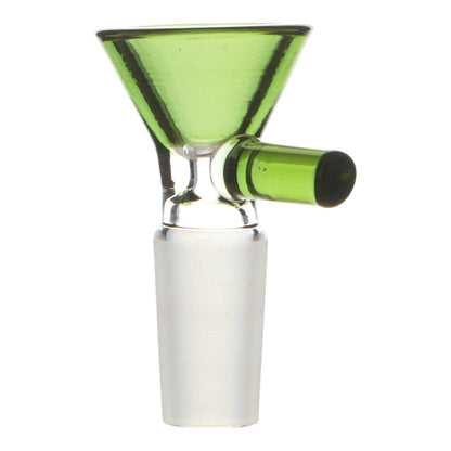 Full close up shot of glass 14mm male cone bowl bong part in green color with handle facing right
