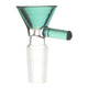 Full close up shot of glass 14mm male cone bowl bong part in teal color with handle facing right