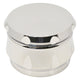 High angle full body shot of silver colored 52mm metal grinder drum design closed lid
