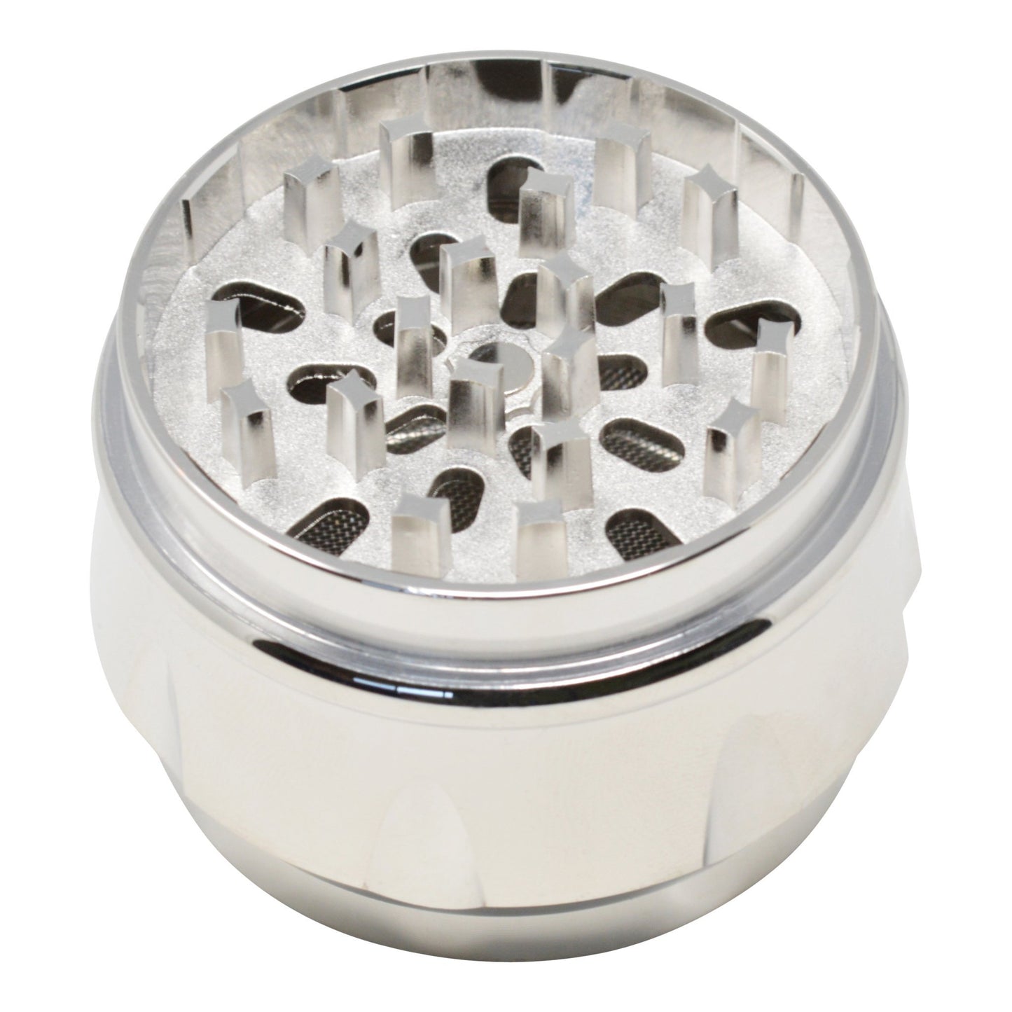 Full shot of the scraper of 4-piece 52mm metal grinder smoking accessory in sleek silver color open without the lid