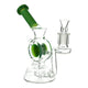 Full shot of 6-inch clear glass bong donut perc green accent and green mouthpiece slightly tilted left backwards