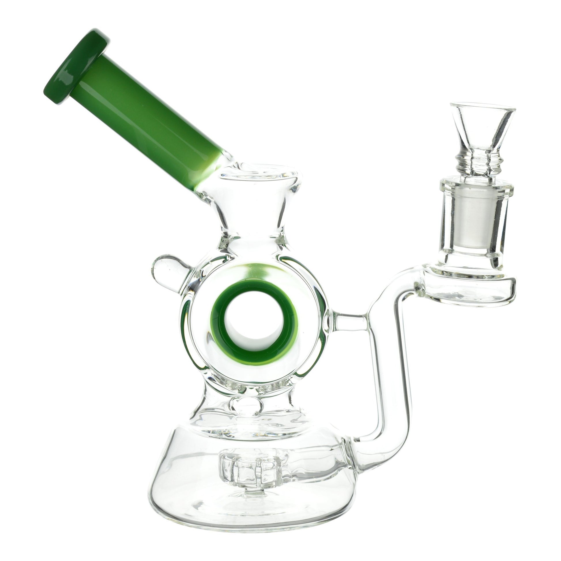 Full shot of the 6-inch clear glass bong with donut perc green accent and green mouthpiece tilted left