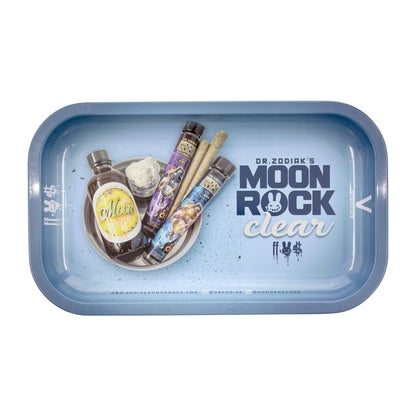 Dr. Zodiak-themed Moon Rock rolling trays with weed leaves and rolling paper cool designs