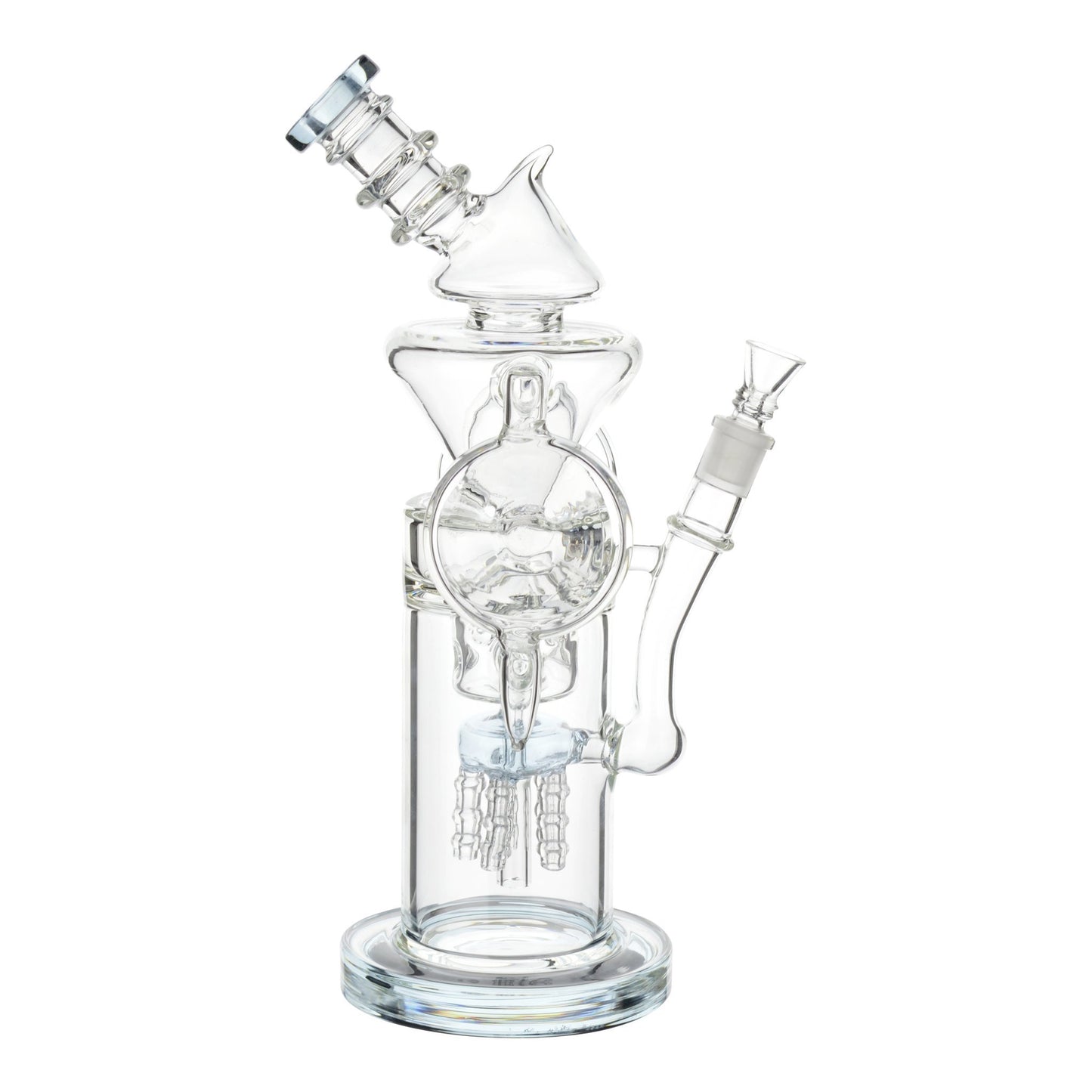Full shot of crystal clear 13 inch glass bong with light teal perc and mouthpiece facing left